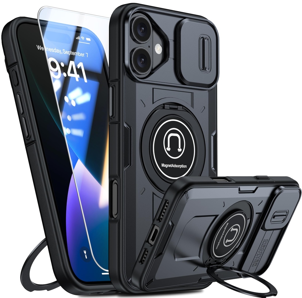 GOLDJU for iPhone 16 Plus Case - with Built-in Slide Camera Cover & Rotatable Kickstand Rin
