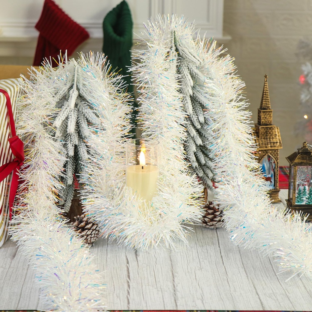 Christmas Iridescent Tinsel Garland, 32.8Ft Metallic Sparkling Tinsel for Christmas Tree