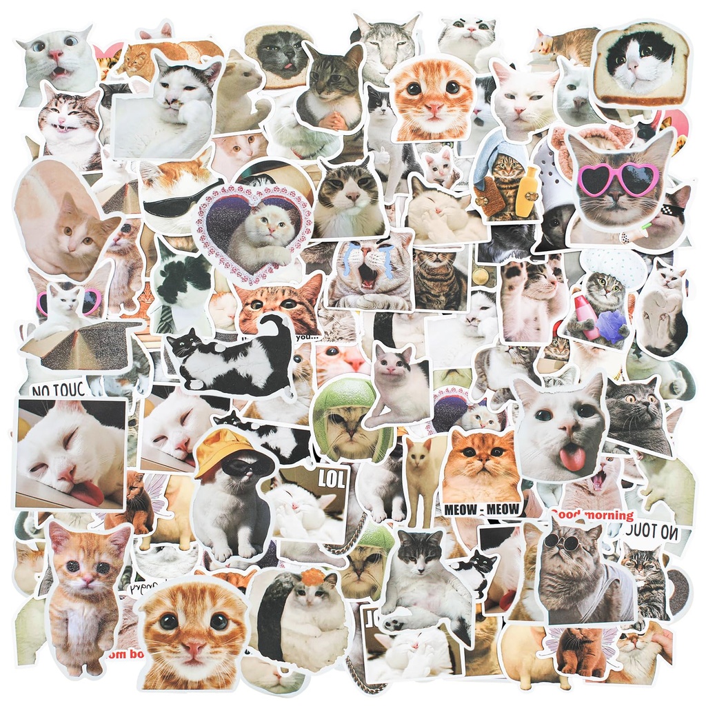 RAFIYU Funny Cat Stickers Set, 100 Pcs Animal Meme Stickers Cute Cat Decals Waterproof Viny