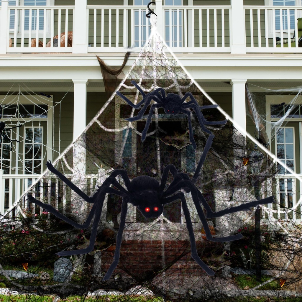2PCS Giant Halloween Spider Decorations for Outdoor and Indoor, 50 inch Orange & 30 Inch Bl