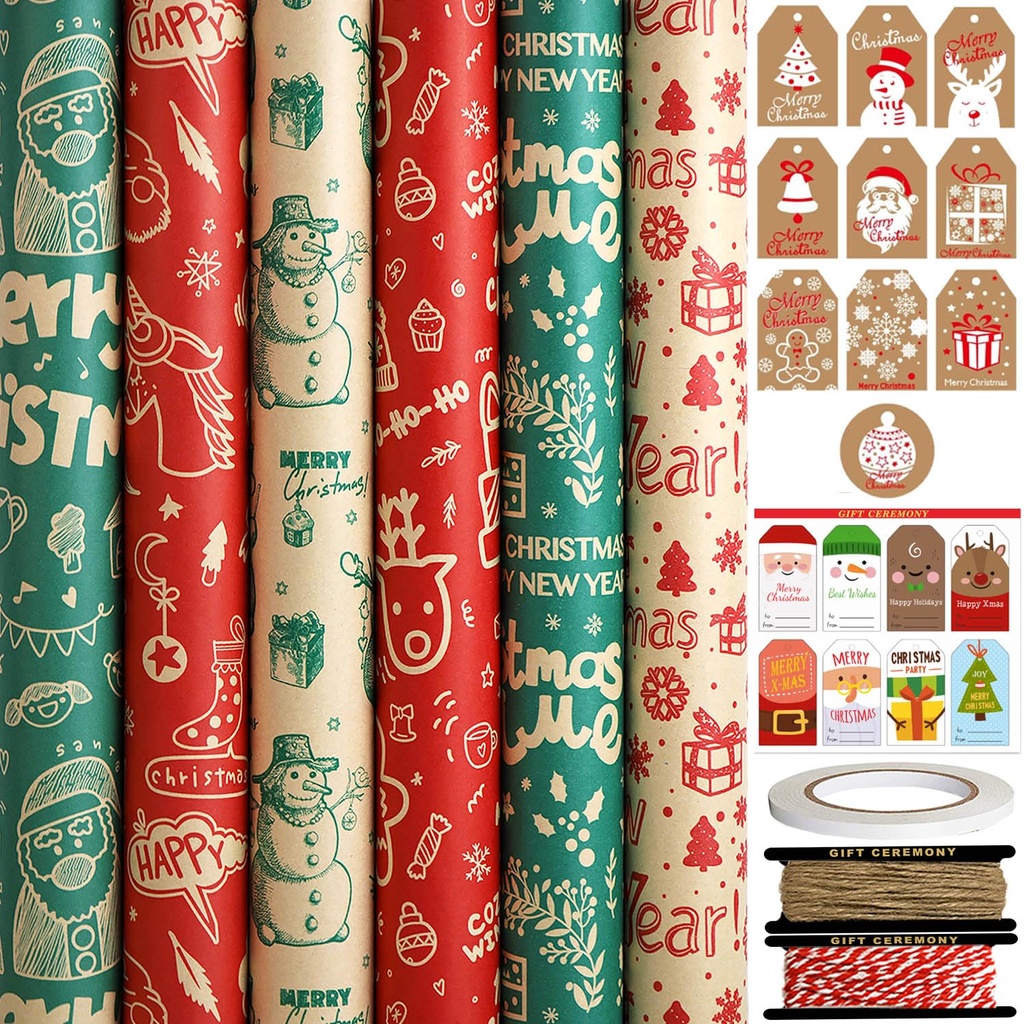 FullJoyHut 6 x 43cm Christmas Wrapping Paper Rolls, 6 Xmas Recyclable Kraft Wrapping Paper