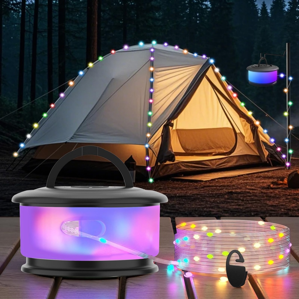 Camping String Lights, Retractable String Lights for Camping, 19 Lighting Modes, Outdoor Re