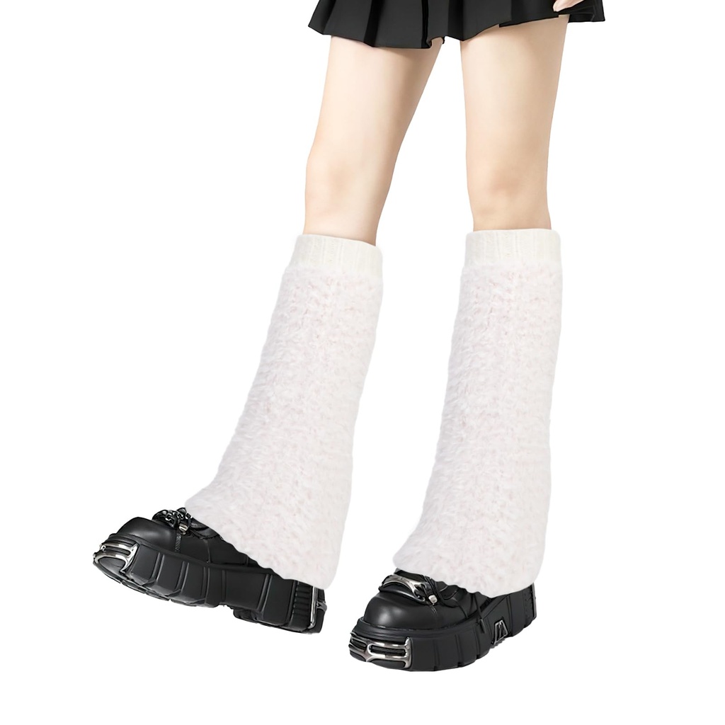 QKURT Faux Fur Leg Warmers, Fuzzy Knitted Faux Fur Boot Covers Y2K Punk Leg Warmers for Wo