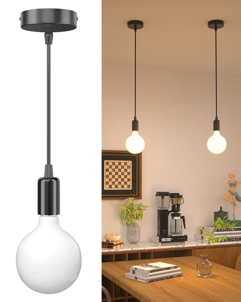 HeatingLux Ceiling Pendant Light Fitting with E27 Screw Lamp, E27 Pendant Light Fitting Bla