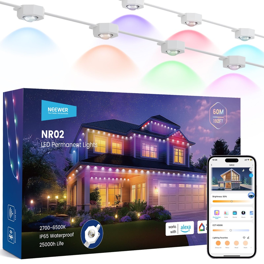NEEWER 196ft Permanent Outdoor Lights for House Decor, Smart AI RGBCW Outside Eaves String