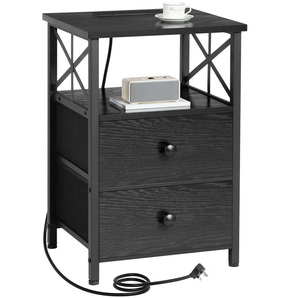 AMHANCIBLE Bedside Table, Side Table with Charging Station, Bedside Cabinet with 2 Fabric S
