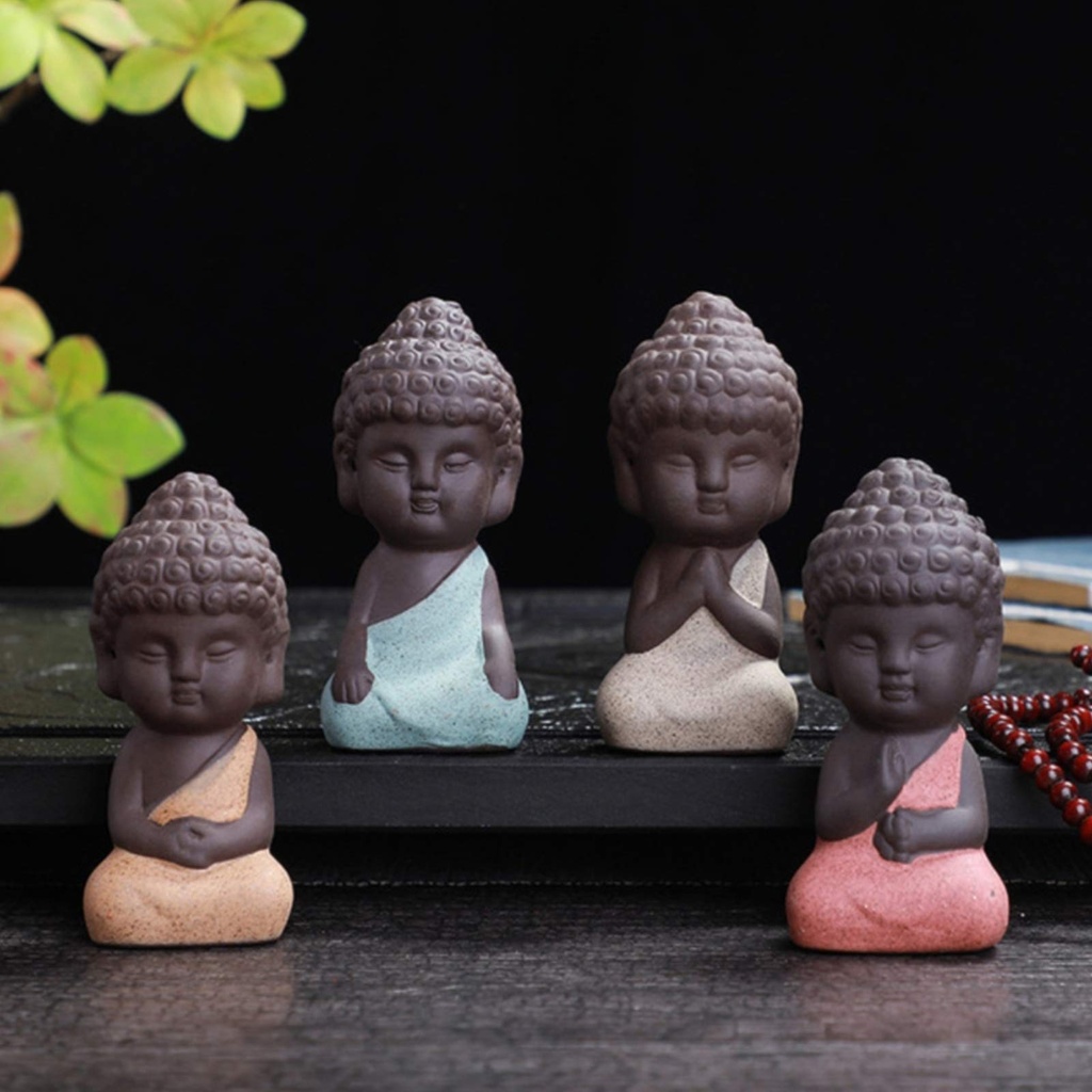 SURPRIZON 4 Pack Mini Cute Buddha Statue, Ceramic Small Adorable Monk Figurines, Yoga Manda