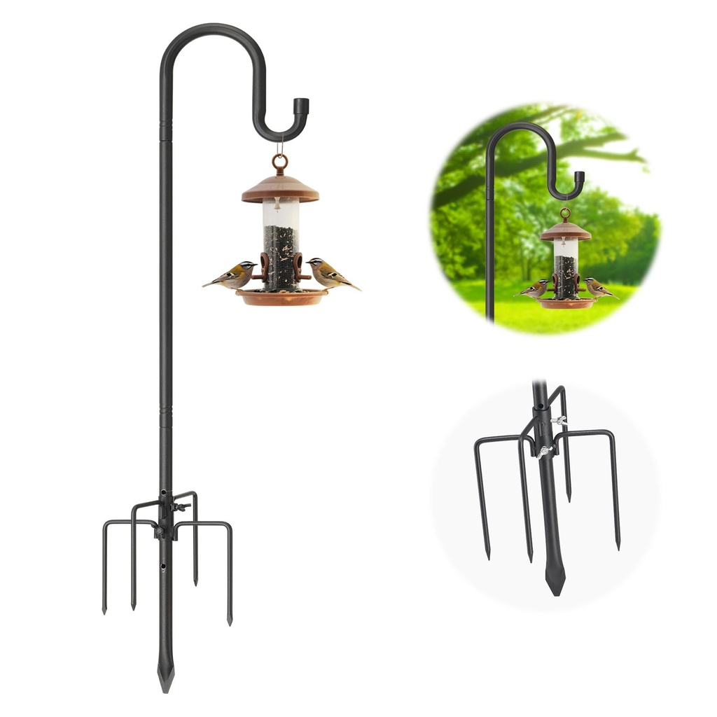 Bird Feeder Pole, 198 cm Double Shepherd's Hook, Heavy Duty Hummingbird Stand with 5-Prong,