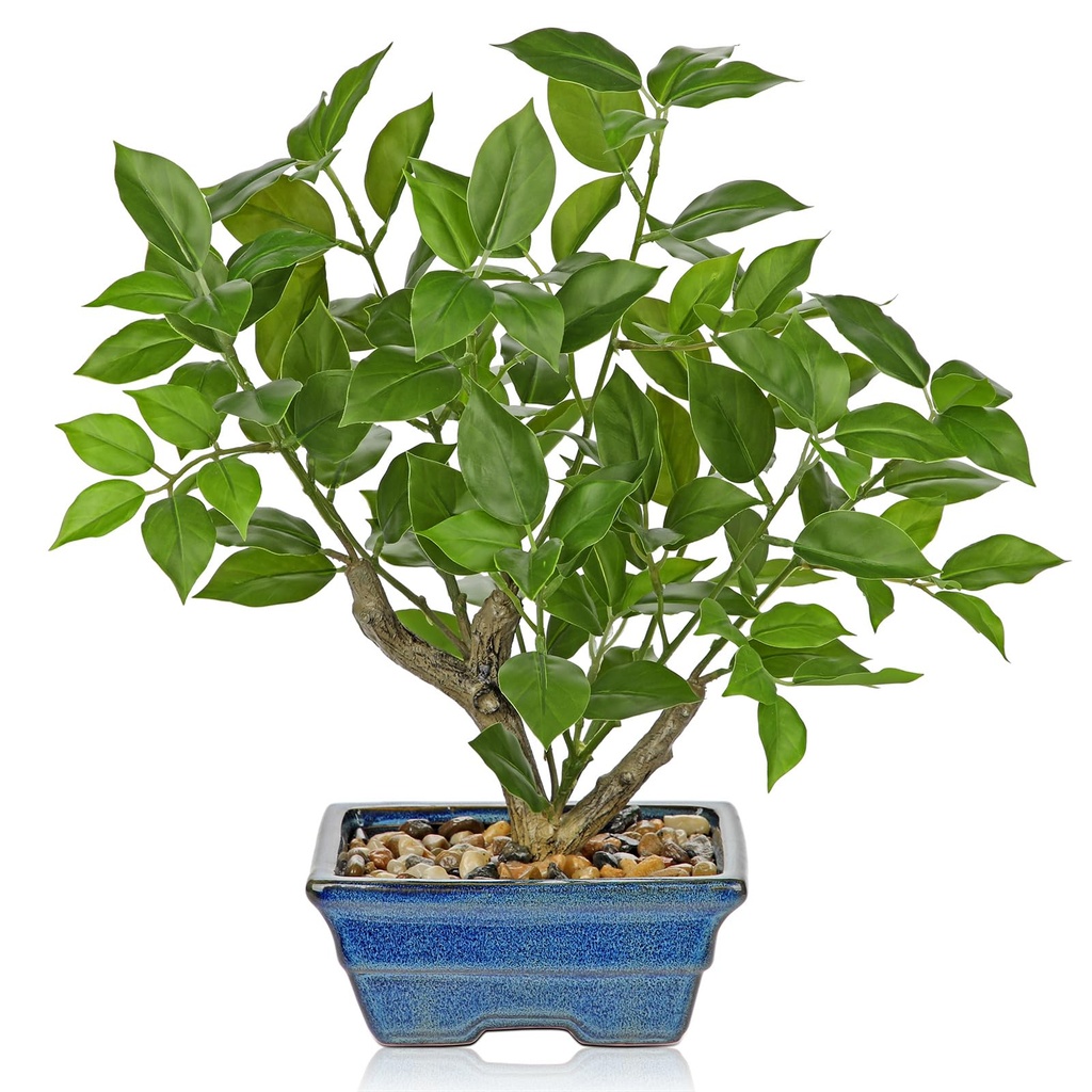 Briful 15.3" Artificial Ficus Fake Plants in Blue Ceramic Pot, 39cm Green Ficus Bonsai Tre