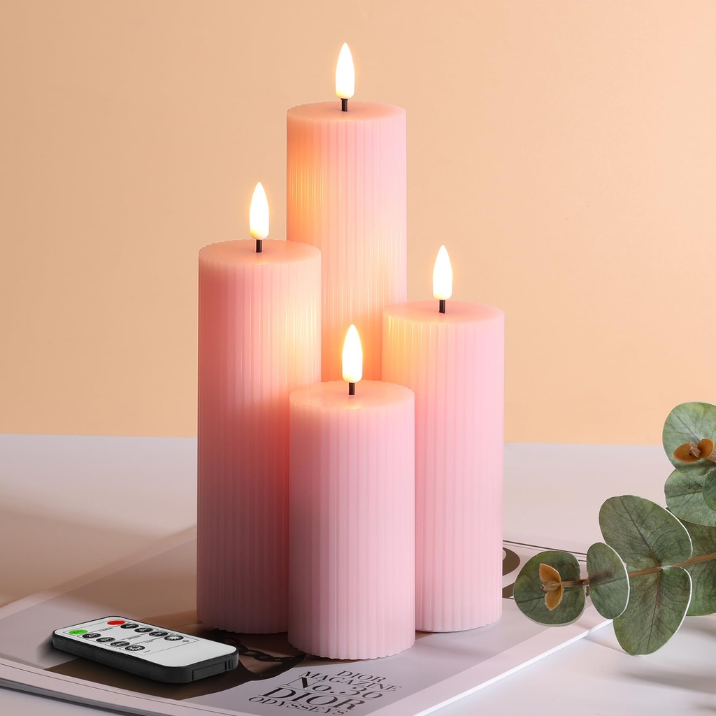 Eywamage Blush Pink Ribbed Pillar LED Wax Candles Set of 4, Slim Tall Flameless Candles wit