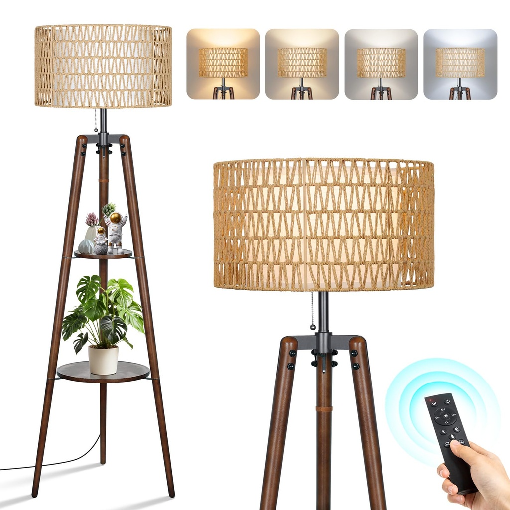 OUTON Tripod Floor Lamp Rattan & Linen Double Shades, Dimmable & 3000K-6000K Adjustable Col
