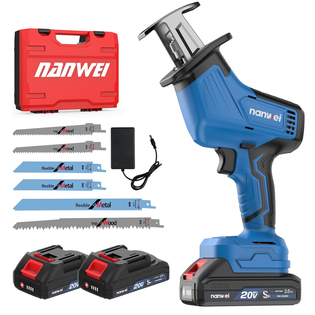 NANWEI Reciprocating Saw 20V, Brushless Motor,Cordless Reciprocating Saw with 2PCS Batterie