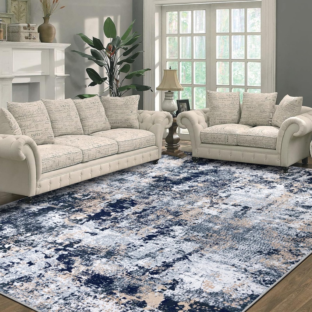 Capslpad Navy Blue Abstract Area Rug 160x230cm Modern Short Pile Soft Faux Wool Living Room