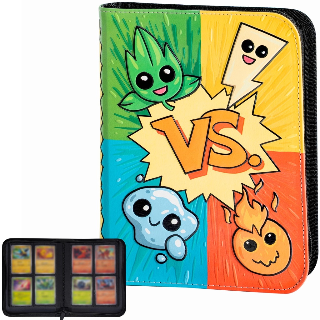 3D Card Binder for Pokemon - Stunning 3D Raised Pokemon Types Design in PU Leather with Zipper 