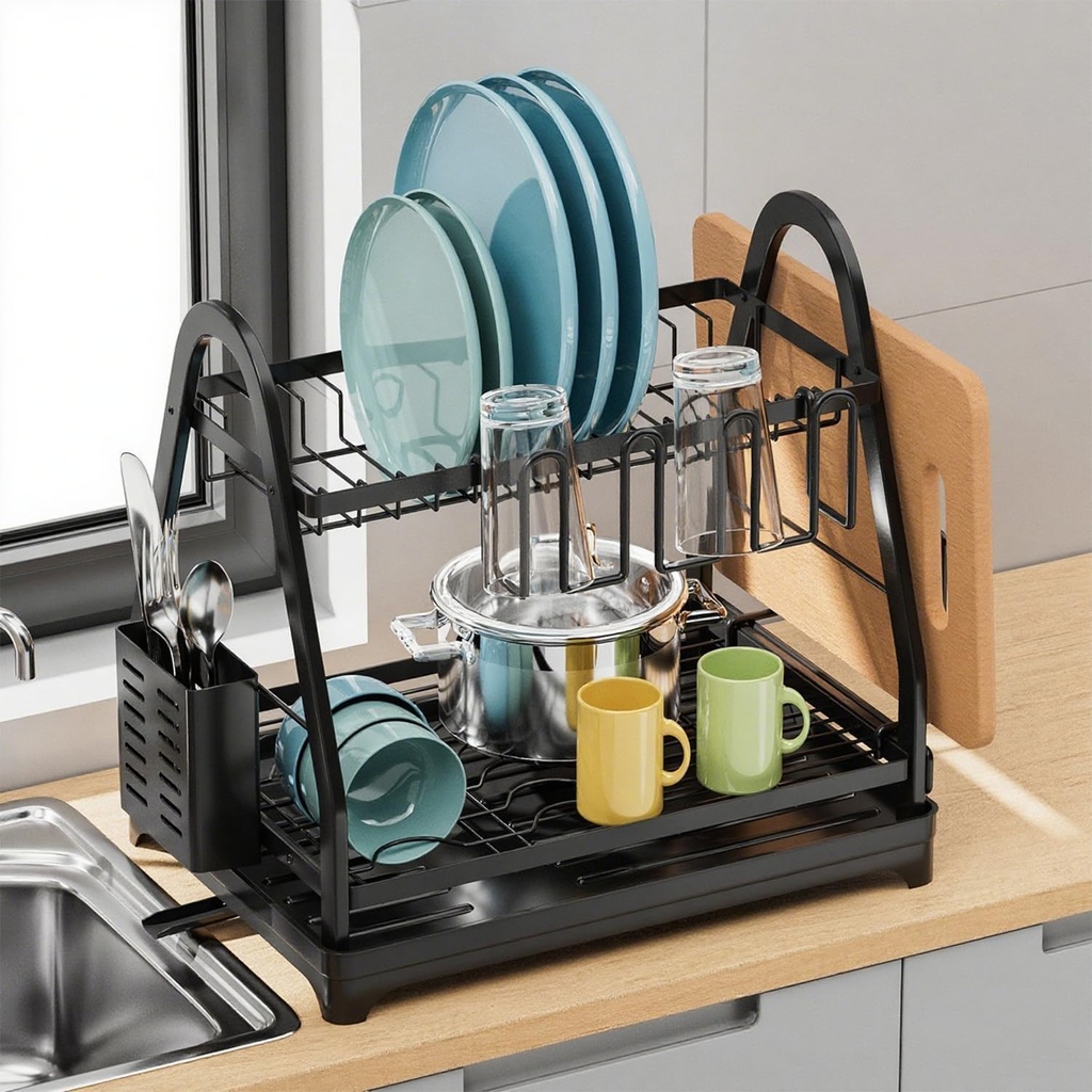 GOENDR 2 Tier Dish Drainer Rack with Drip Tray, Large Capacity Draining Board Rack with Utensil Holder
