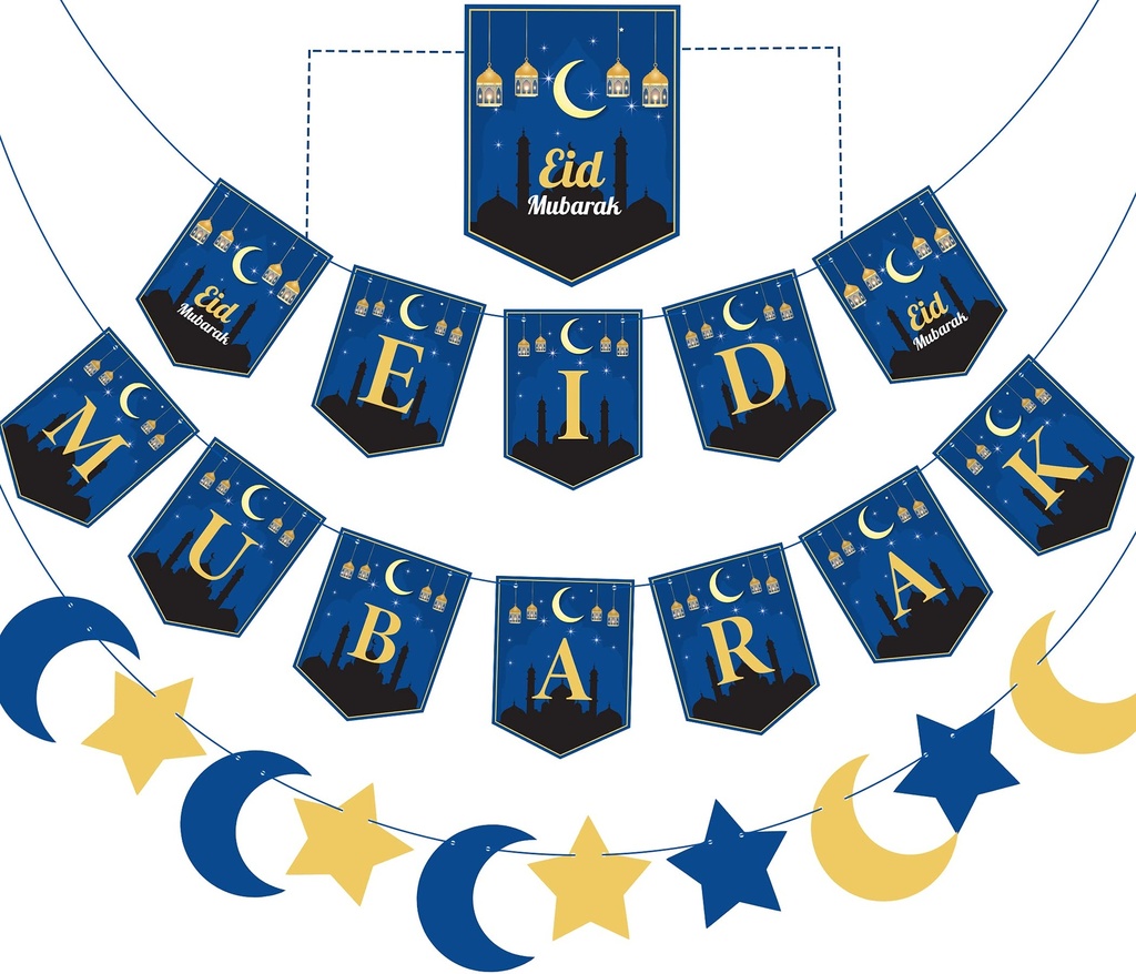 Funnlot Eid Mubarak Banner 3 Pack - Blue - Eid Decorations for Home & Garden