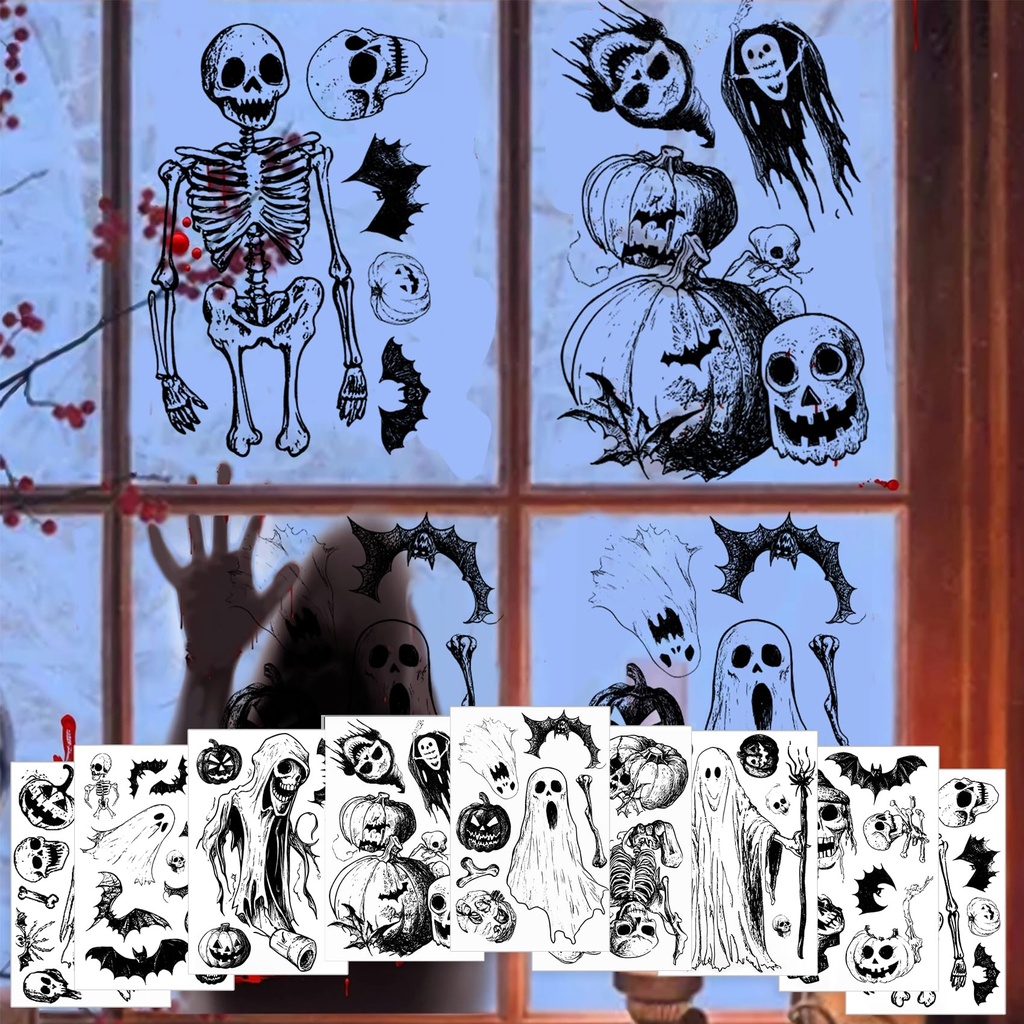Halloween Window Stickers,Halloween Window Decorations - 9 Sheets Static Cling Decals with