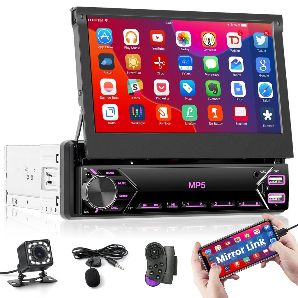 Inefala Single Din Touchscreen Radio 7'' Flip Out Screen Car Stereo with Bluetooth Type C U