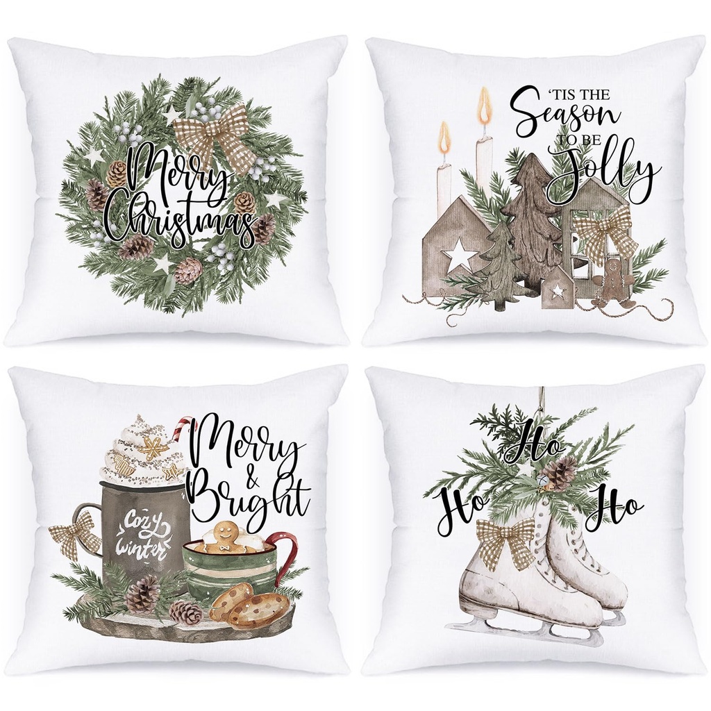 Lanpn 45x45 Christmas Throw Pillow Covers Set of 4, Gingerbread Men House Wreath Decorative