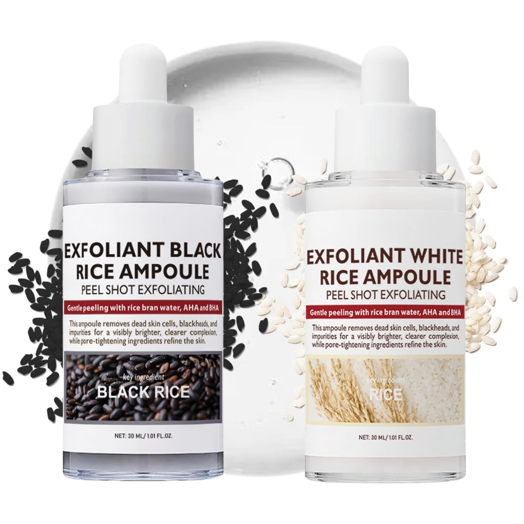 2PCS Peel Shot Rice Ampoule Duo, White + Black Rice Ampoule,Rice Exfoliator for Face