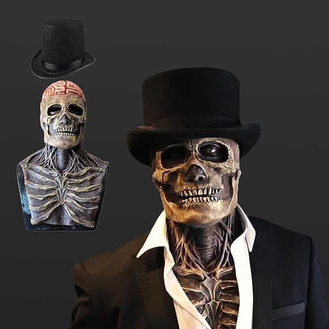FUFRE Halloween Mask Full Head Skull Mask, Realistic Scary Mask with Hat, 3D Halloween Skul