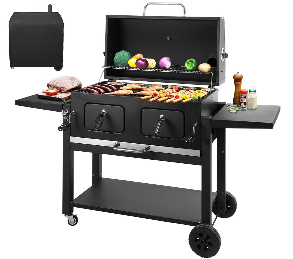 Large Charcoal BBQ Barbecue Grill with Side Tables, Barbeque Grill Outdoor Waterproof Cover