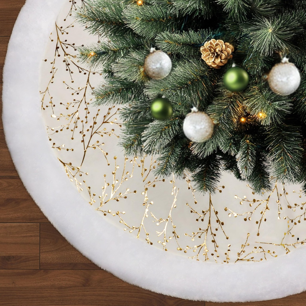 SYITCUN 90cm Christmas Tree Skirt,White and Gold Faux Fur Xmas Tree Skirt,Thick Plush Velvet