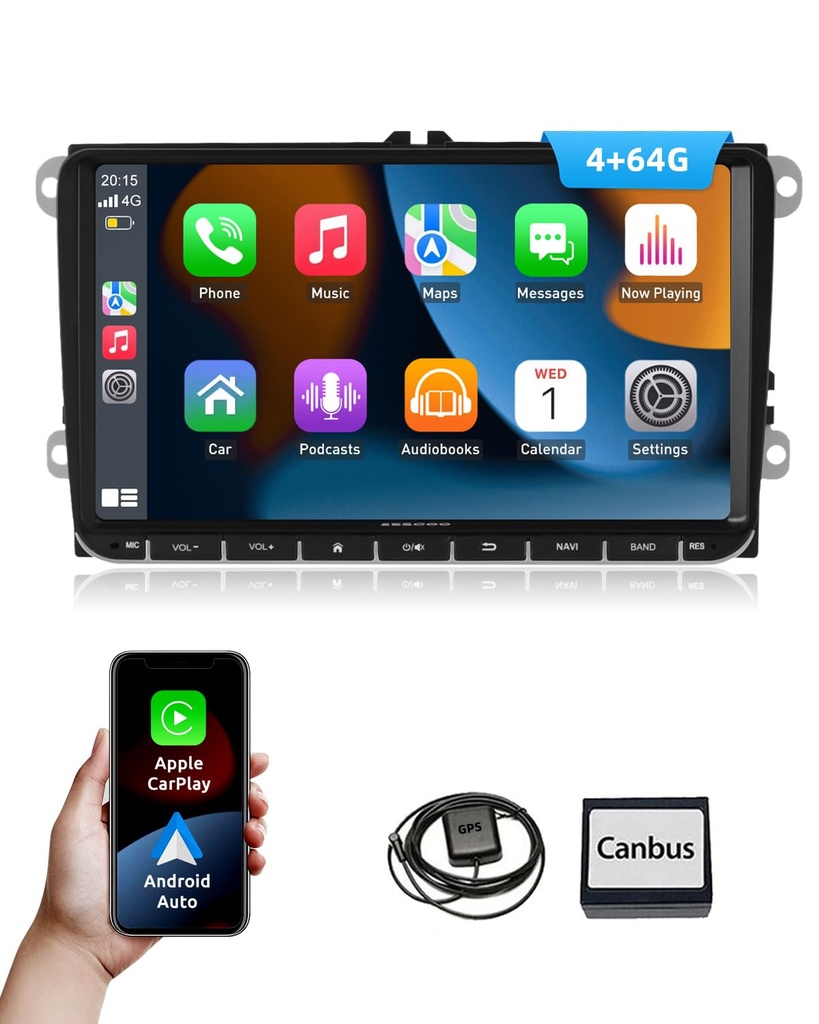 ESSGOO 4+64G Car Stereo with Wireless Carplay and Android Auto for VW Golf 5 6 Polo Passat