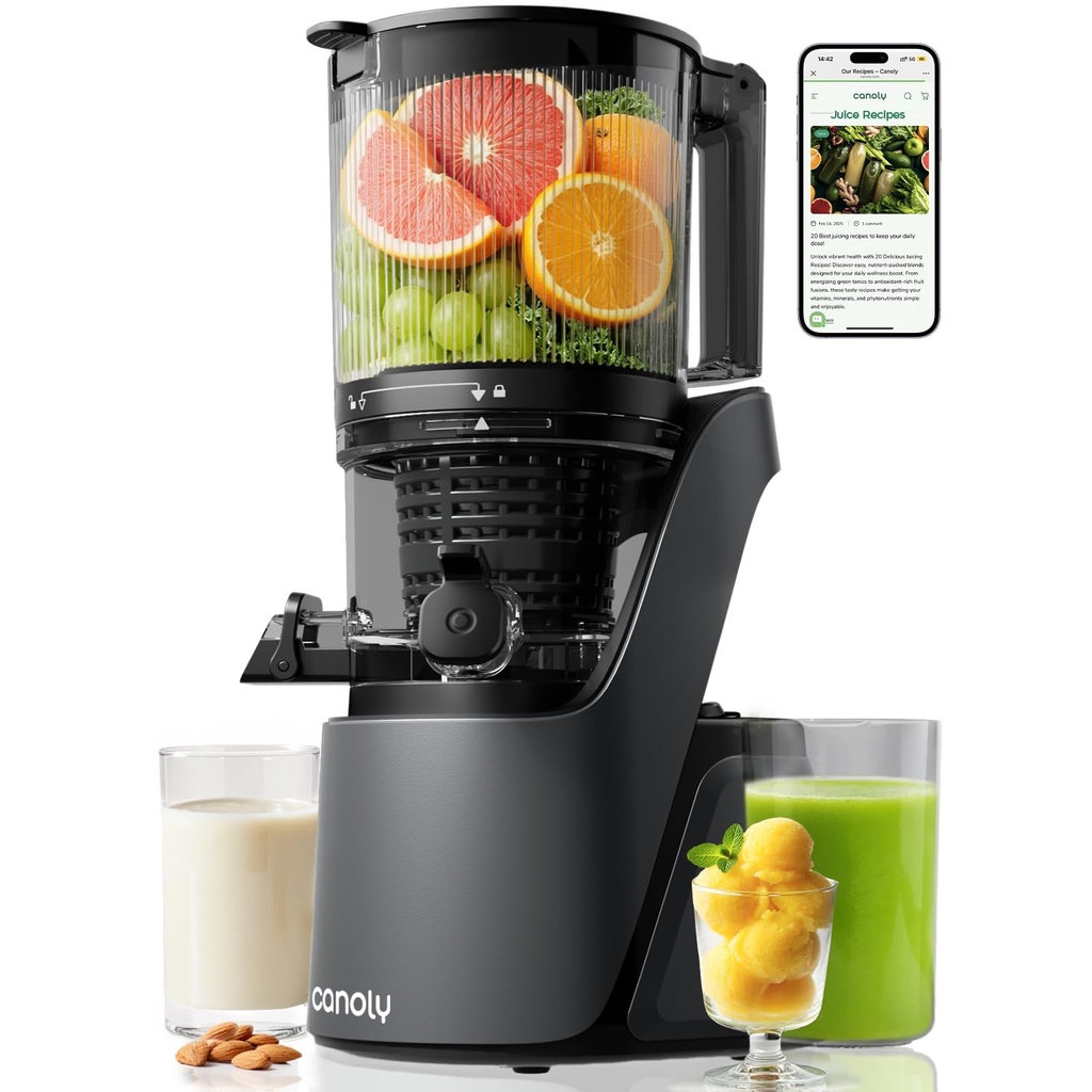 Canoly Juicer Machines, 150 MM Large Feed Chute Cold Press Masticating Juicer, 3-IN-1