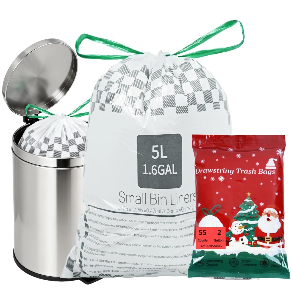 5L Christmas Small Mini Bin Liners Drawstring Bin Bags Easy Tear Off Trash Bags 55 