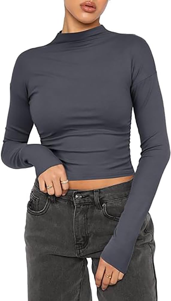 Women's Casual Crop Tops Cotton Slim Fit Top Mock Turtle Long Sleeve T-Shirt Basic Blouse T