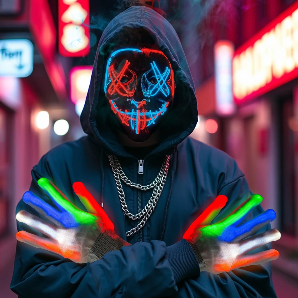 Philivivi LED Halloween Mask & Glow Gloves, Light Up your Halloween Night Great for Adults Co
