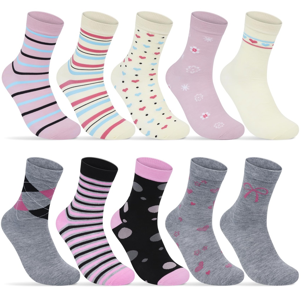 Softcozy 10 Pairs Women's Crew Socks with Multi Stripe Dot and Heart Patterns, Soft and Br