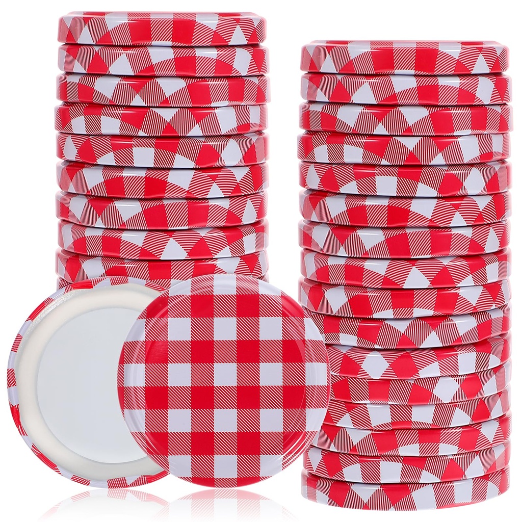 40pcs Red Mason Jar Lids, 63mm Red Gingham Jar Covers Wide Mouth Canning Lids Replacement J