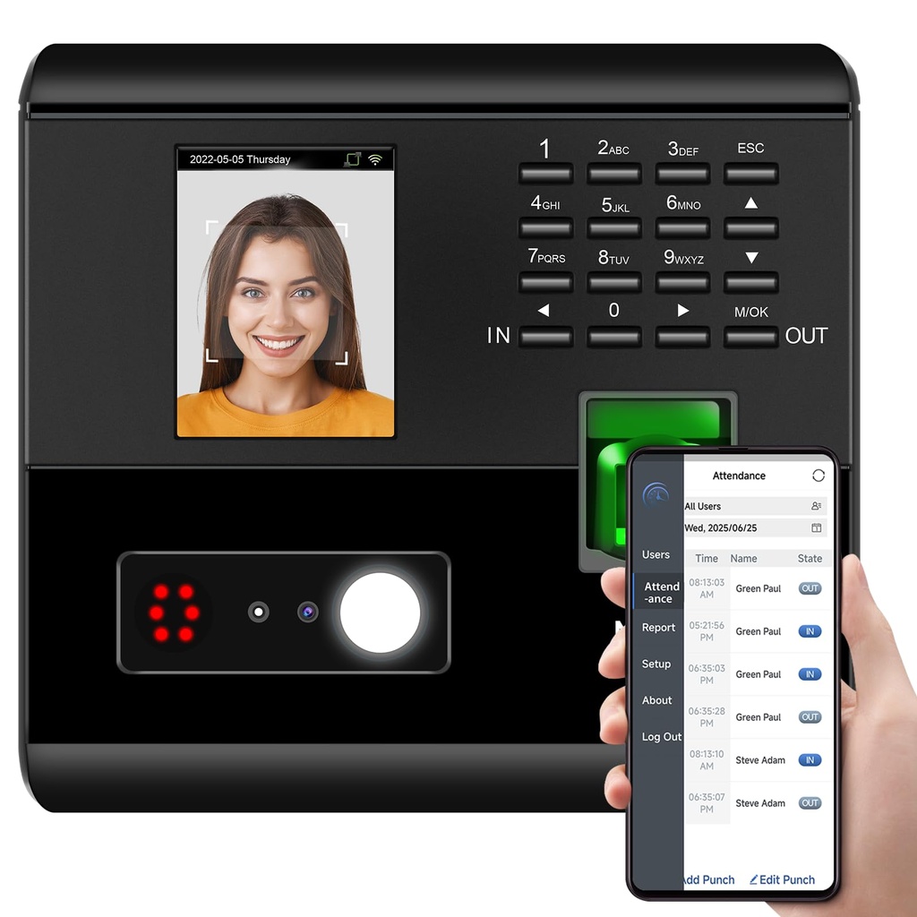 NGTeco Clock in Machine, MB1 Time Clocks for Employees Small Business with Face, Fingerpri