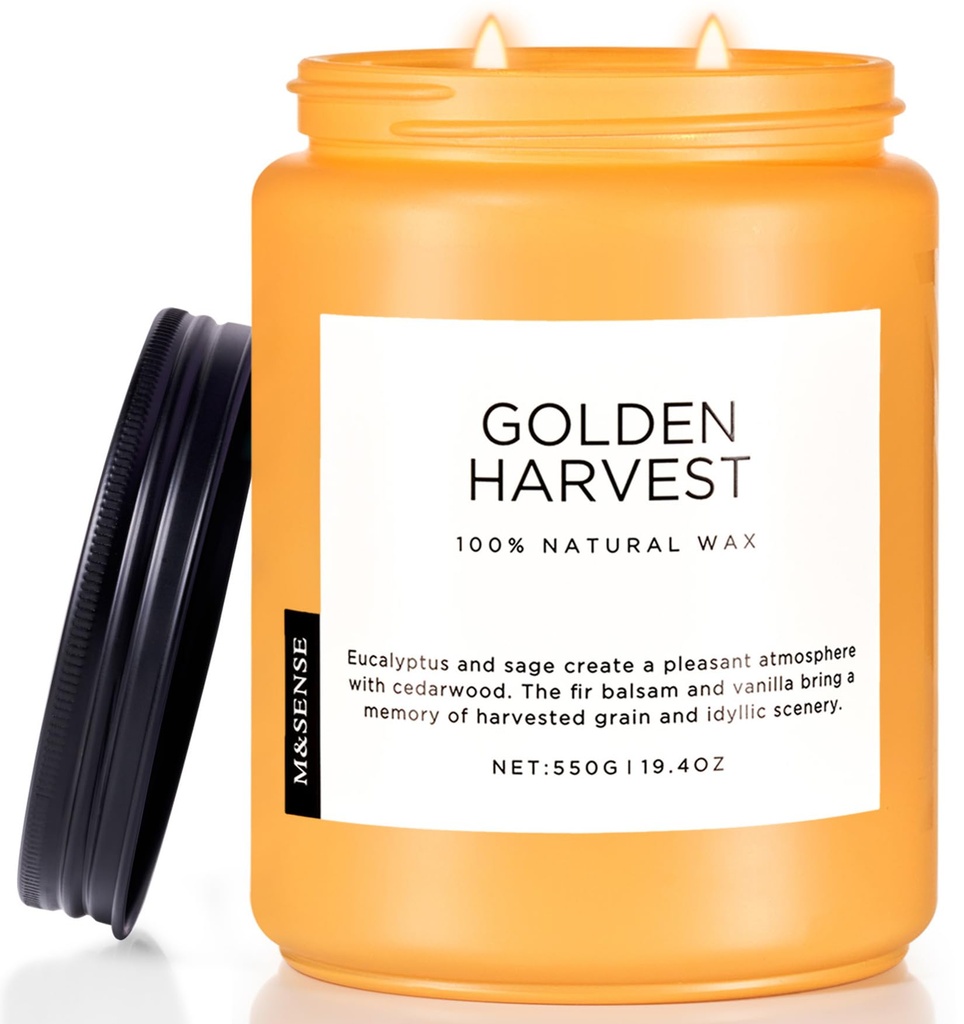 M&SENSE Golden Harvest Large Soy Scented Candles Gifts for Women Men 2 Wick 550g 110H Organ