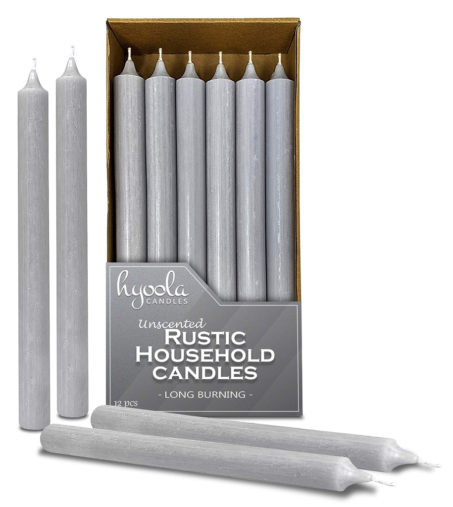 Hyoola Light Grey Dinner Candles - 250 mm (10 Inch) - 12 Pack - Rustic Unscented - Long Bur