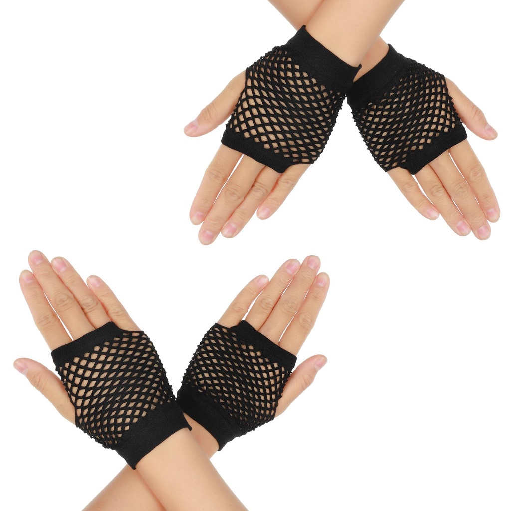 DIVINA VITAE 2 Pairs Black Fingerless Mesh Gloves Women 80s Short Stretch Fishnet Gloves Ret