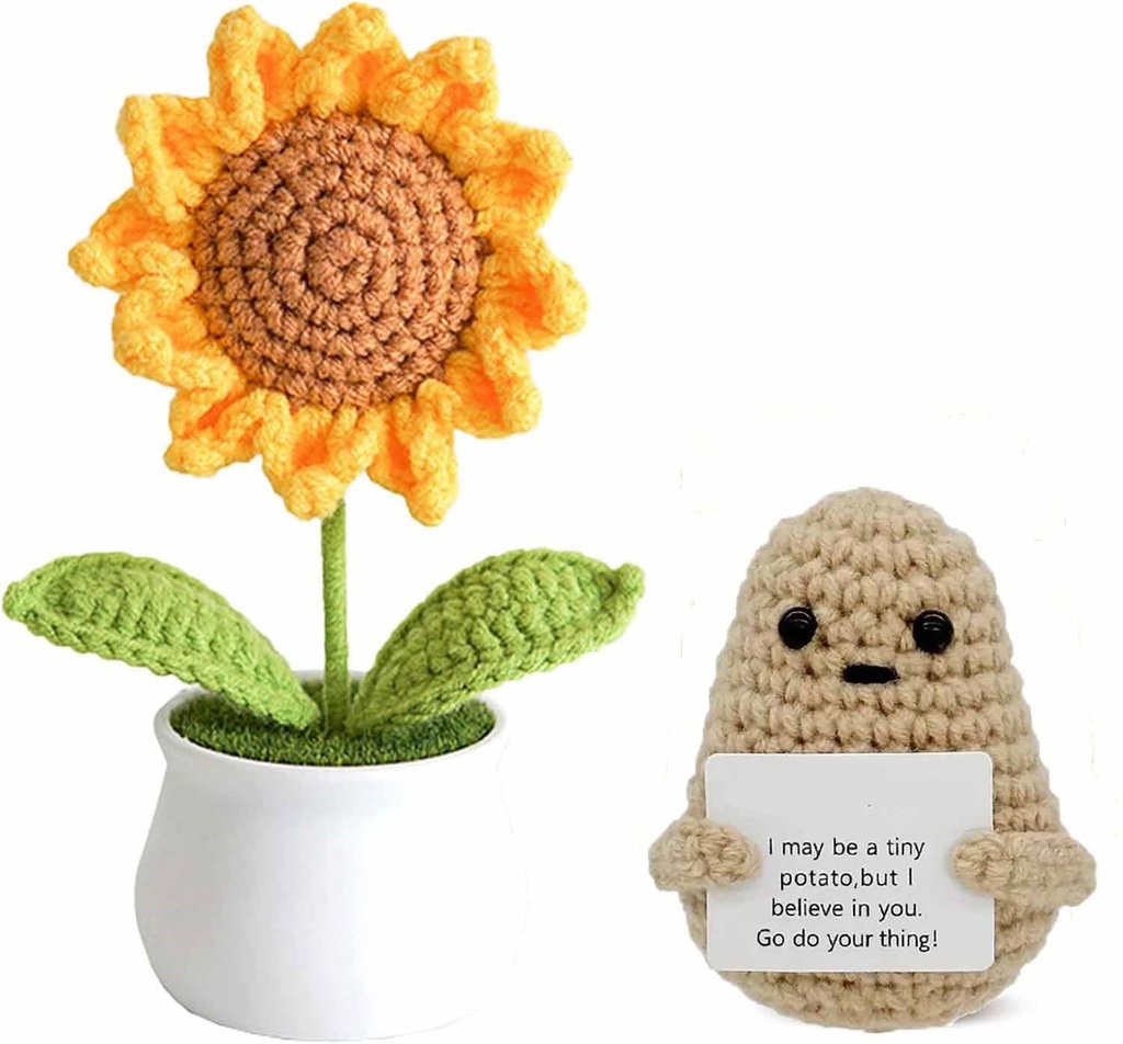 HMJMJC Knitted Wool Cow Toy with Positive Message Card, Crochet Emotional Support Doll, (2