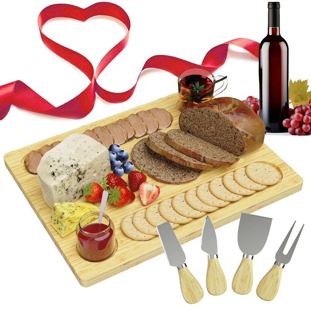 WELDUN Bamboo Cheese Board Charcuterie Platter, Serving Tray for Cheese, Fruit, Vegetables