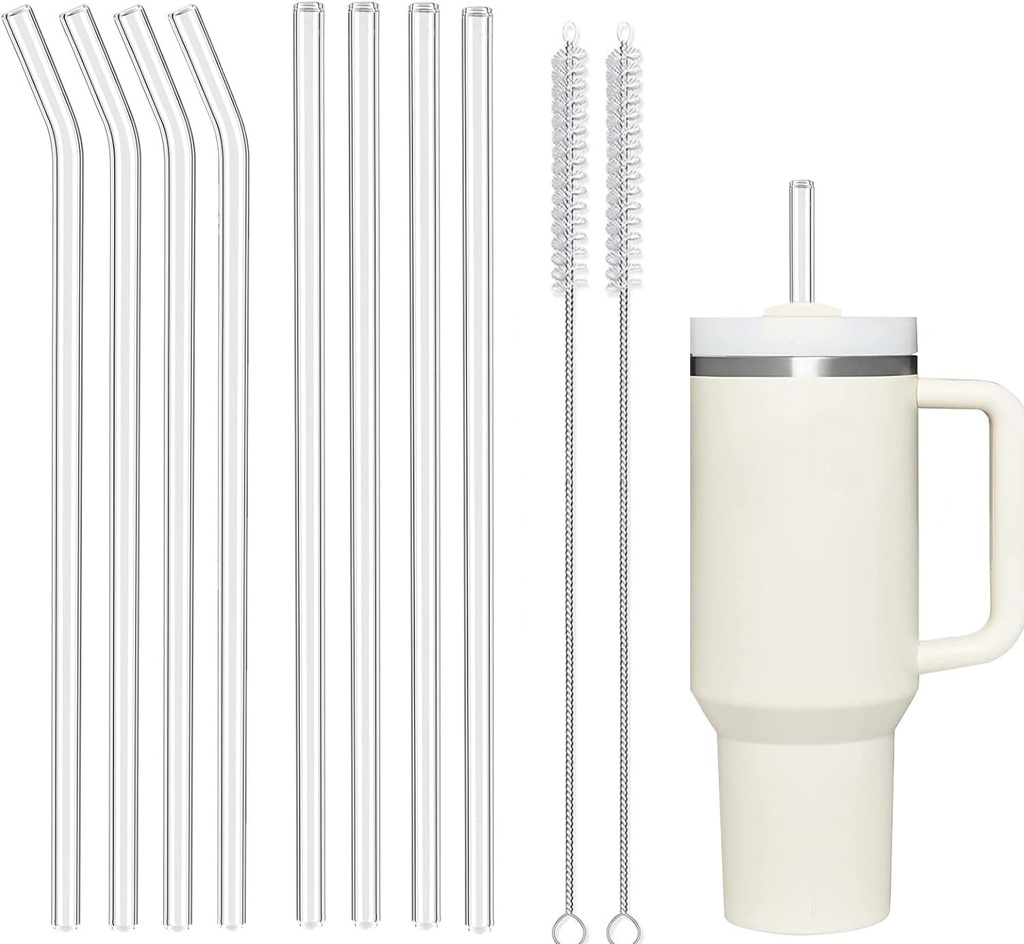 Glass Drinking Straws, 8 Pack, Clear, for 12-20 oz Cups, with Cleaning Brush
