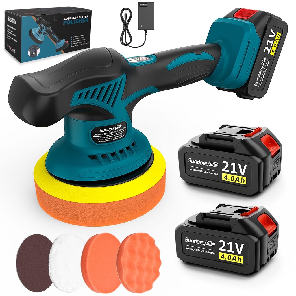 Cordless Car Buffer Polisher 21V - SundpeyPRO 6 Inch Car Buffer with 8 Variable Speed & 2 X