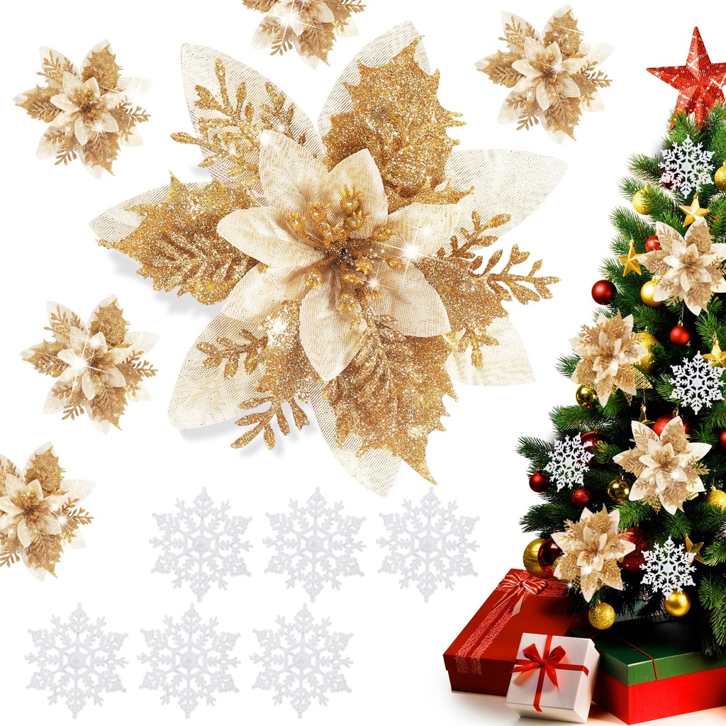 12 Pcs Christmas Glitter Poinsettia Flower, Artificial Christmas Tree Flower with 6Pcs Glit