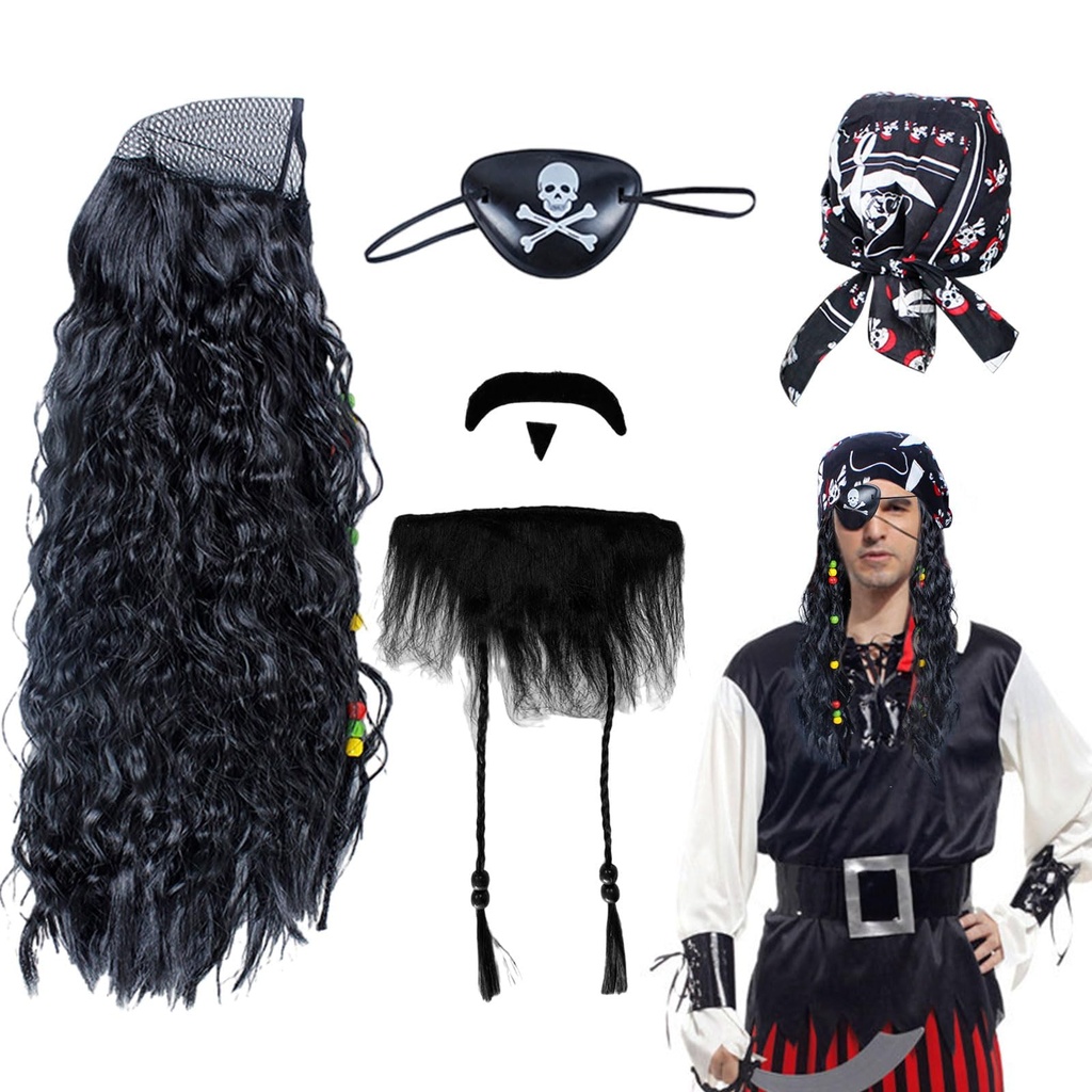 UILYNIU 4 Pcs Black Pirate Costume Set Captain Adult Pirate Wig Hat Beard Skull Eye Patch f