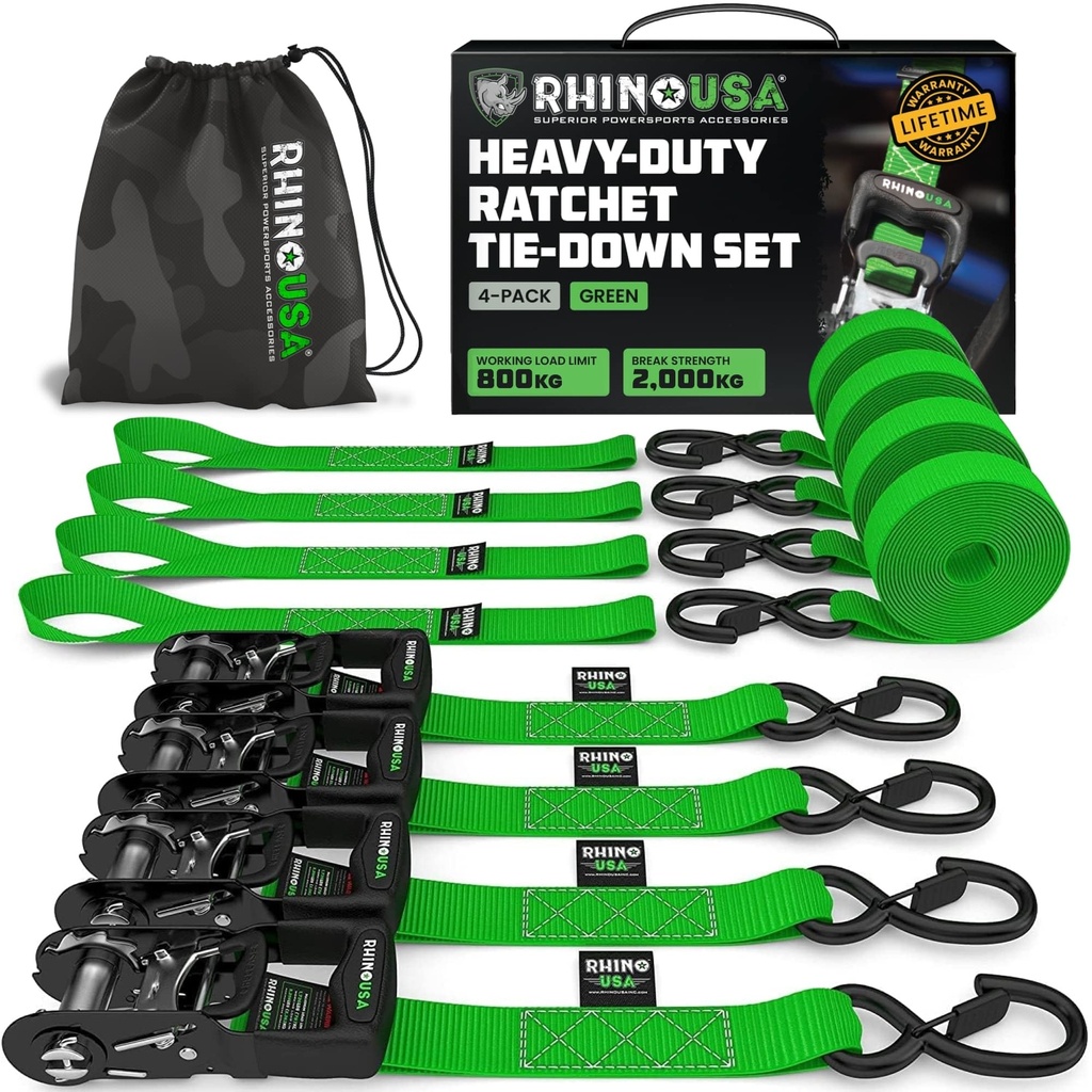 Rhino USA Ratchet Straps Heavy Duty Kit (4-Pack) - 4cm x 2.4m (2,000kg Break Strength) 