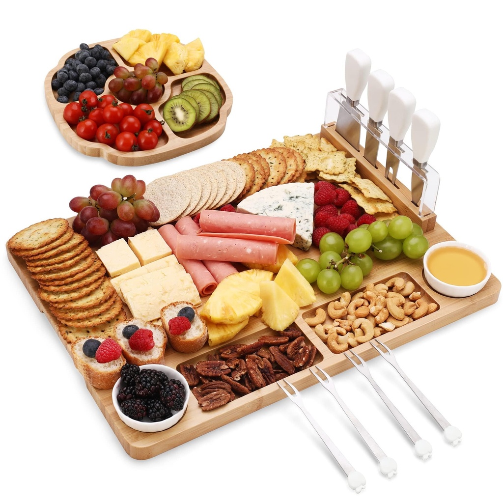 hecef Cheese Board Set of 13, Bamboo Charcuterie Board & Snack Tray, 2 Ceramic Bowls