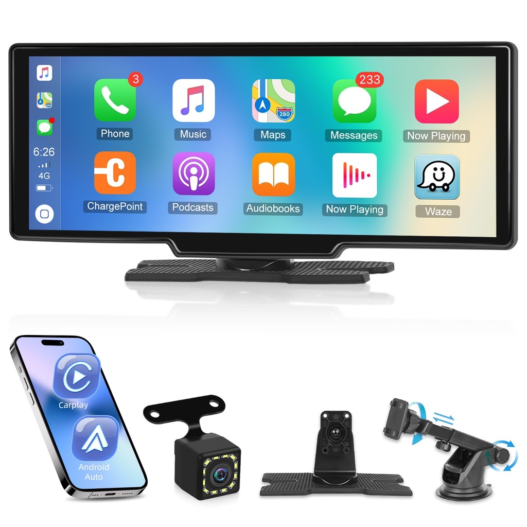 Wireless Apple Play Screen for Car 10.26 inch Carplay Screen Support Car Play & Android Aut