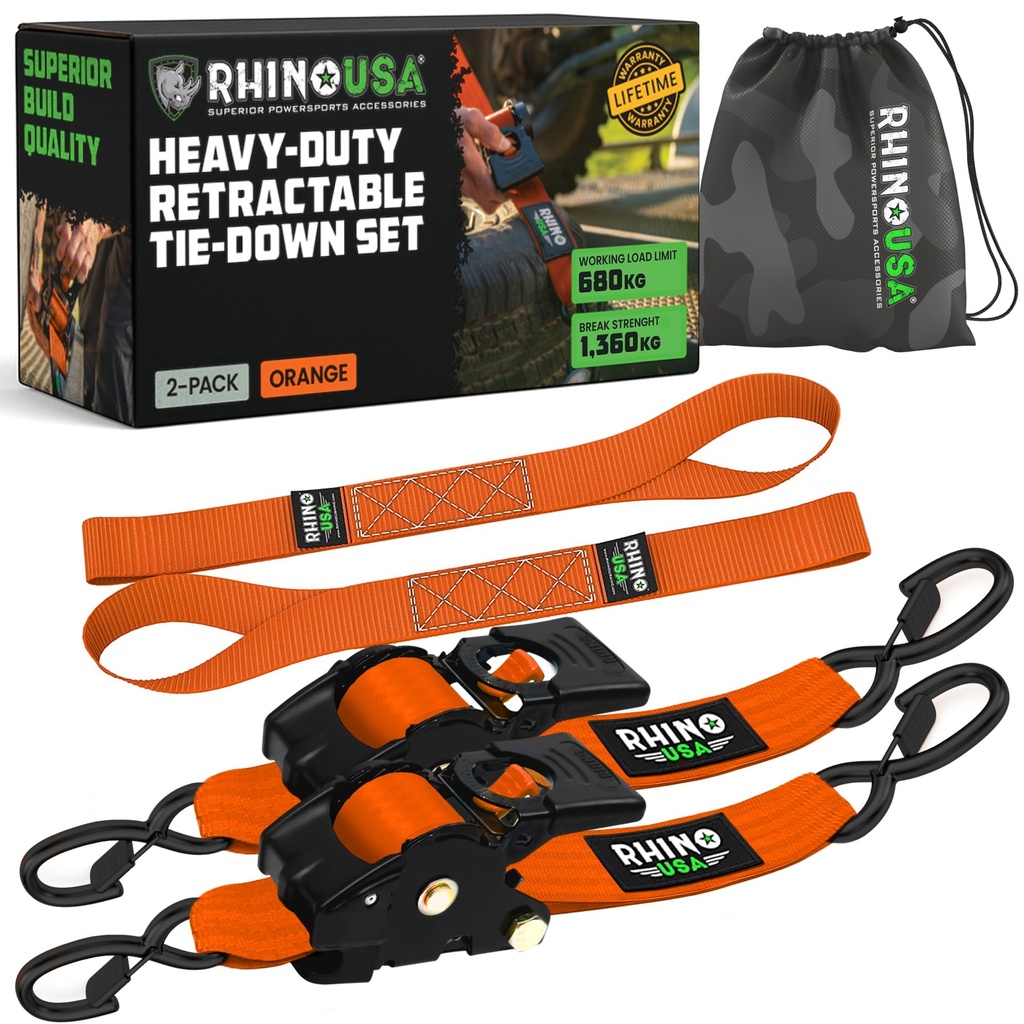 Rhino USA Retractable Ratchet Straps (2-Pack) - 5cm x 3m (1,360kg Break Strength) - Heavy Duty