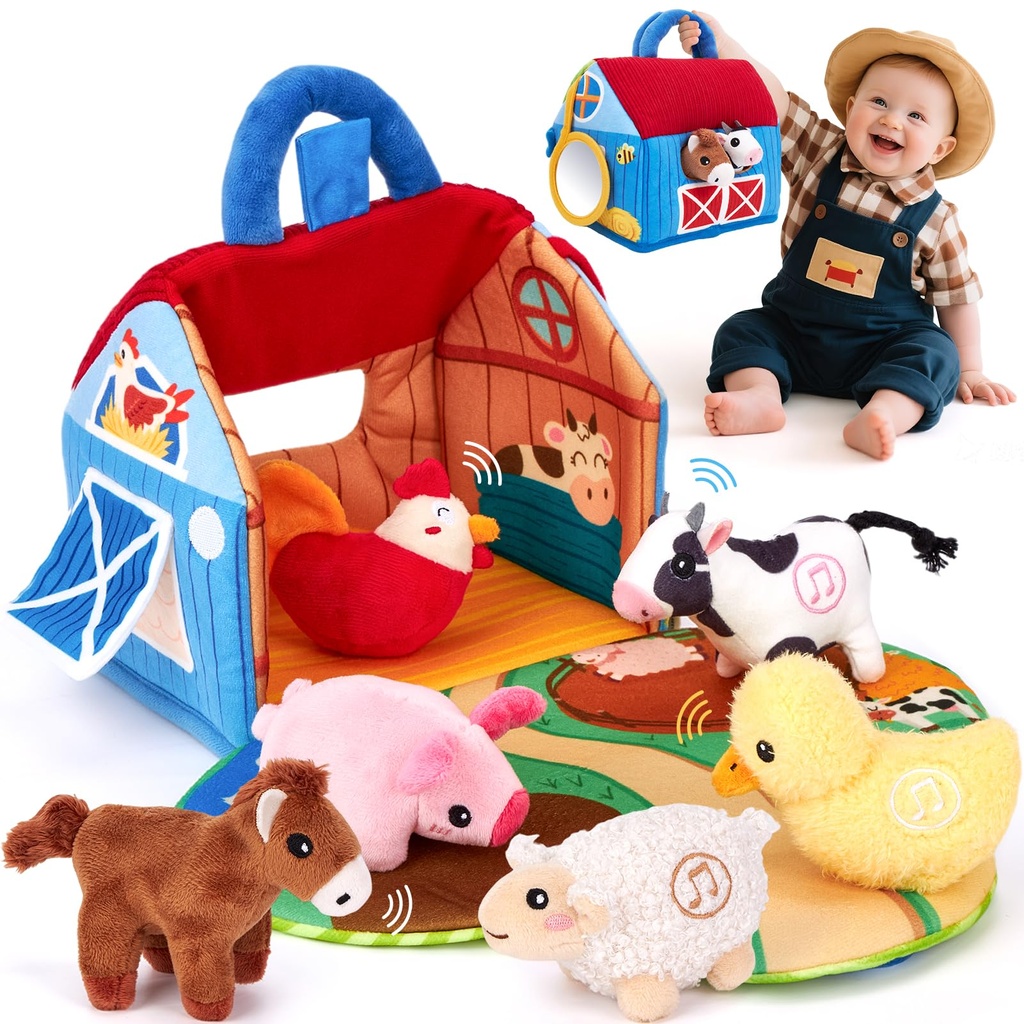 hahaland Baby Toys 6-12 Months,Plush Farm Animal Sound Toys, Interactive Baby Sensory Toy 