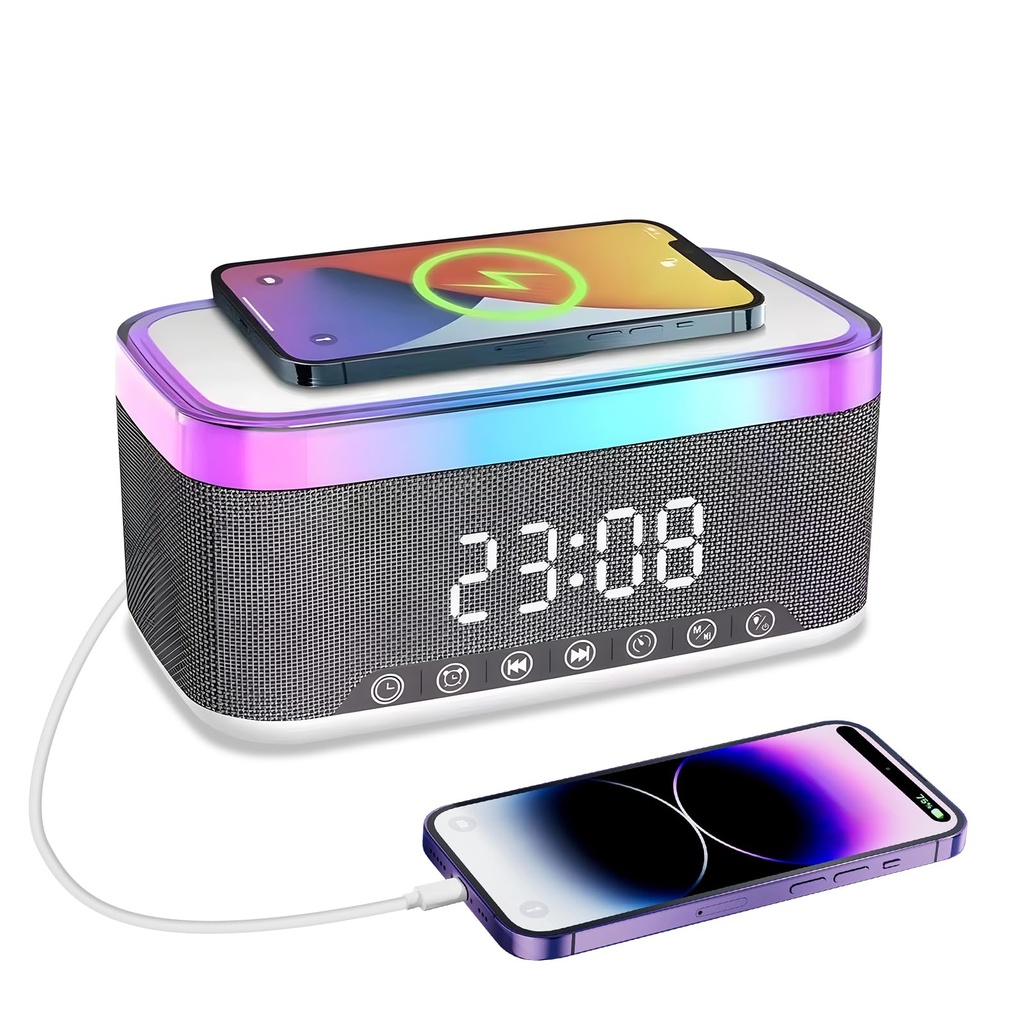 Suewidfay Radio Alarm Clock Bedside, Alarm Clock with 15W Wireless Charging, Bluetooth Spea